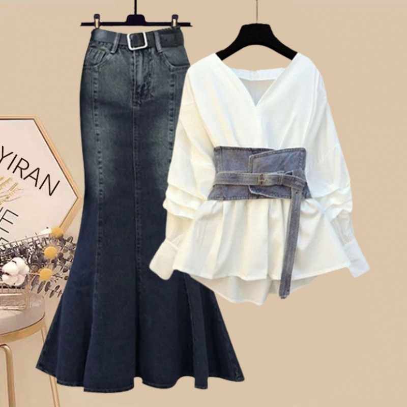 Women's Clothing Summer gentle outfit for women 2024 new style versatile fashion waist shirt denim fishtail skirt three piece suit