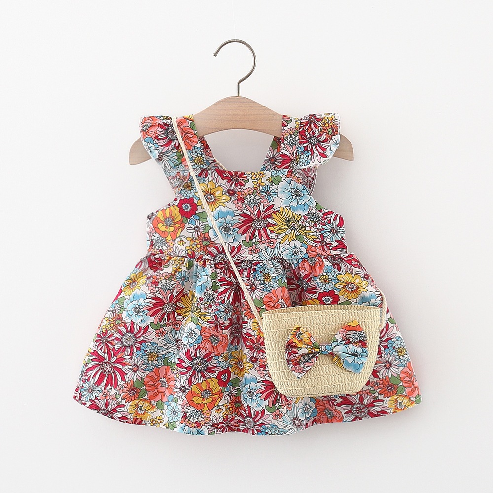 Fashion Girl Clothing Cotton Summer Flower Dress With Bag For Birthday Clothes_voghion.com