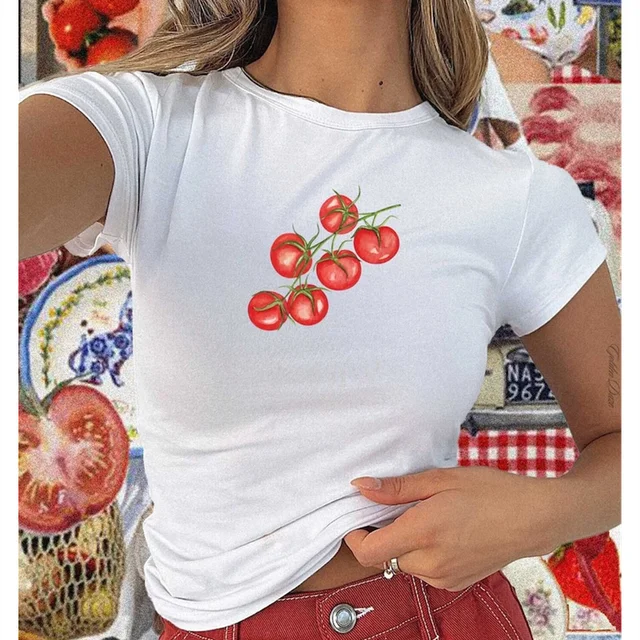 Heißer verkauf Frauen Baby T Obst Grafik Crop Top Rundhals Kurzarm T Hemd 2000s Ästhetischen y2k Kleidung Streetwear_voghion.com
