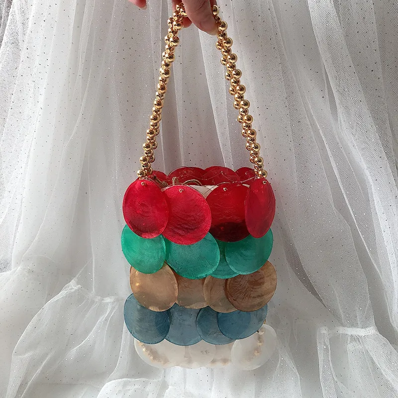 Borse da sera fatte a mano intrecciate con conchiglia rotonda, a tracolla, con paillettes, a catena, a tracolla, da donna, per telefono, portafoglio, pochette da festa_voghion.com