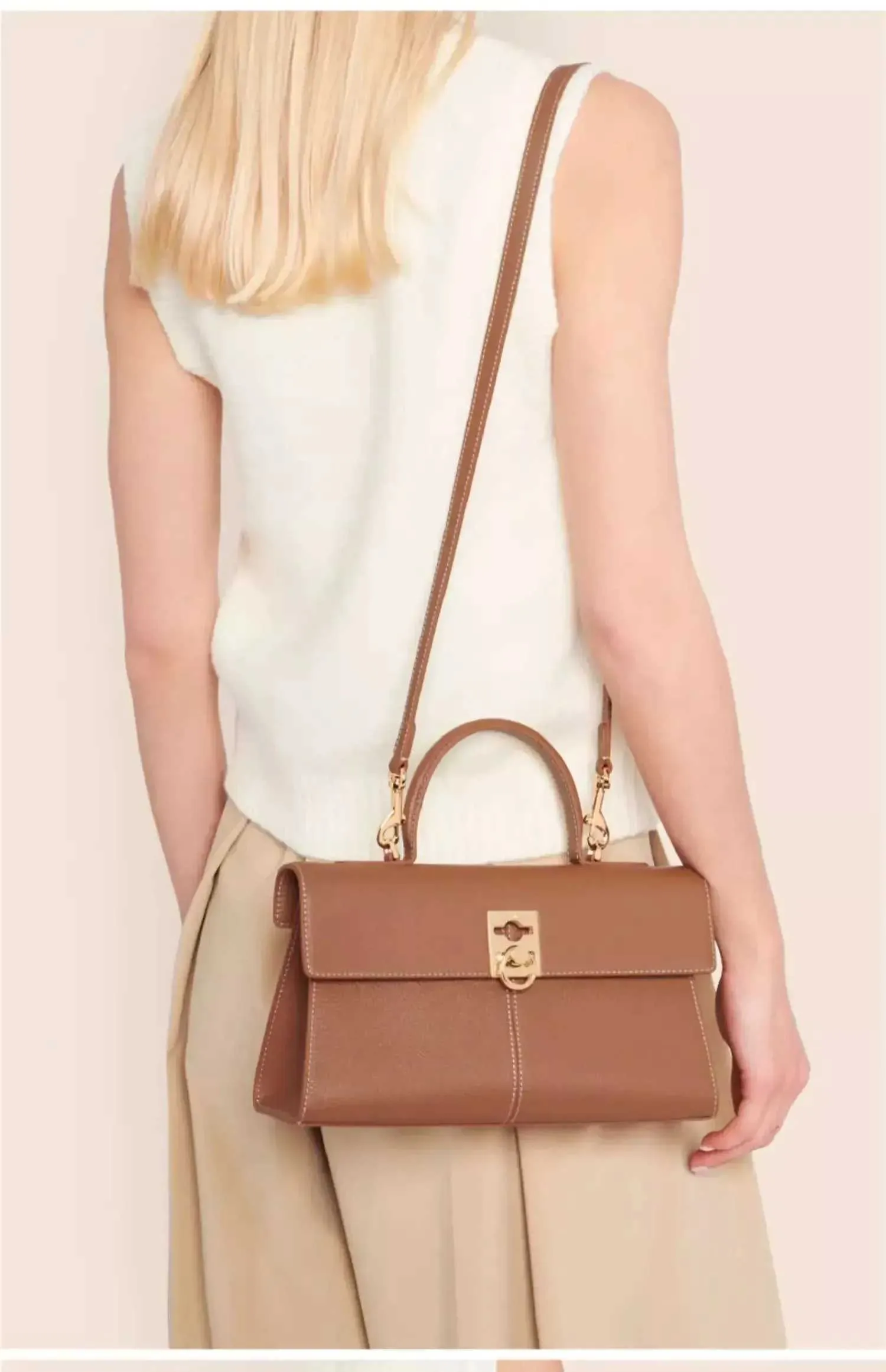 Stilvolle Umhängetasche für Damen, Designer-Umhängetasche mit Clamshell-Griff oben, Vollleder, mit Riegel, Umhängetasche, Ba241216_voghion.com