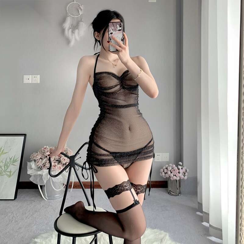 Sexy Lingerie, Sparkling Silver Silk Pleated Slim Fitting Nightgown * Hollowed Out Perspective Private Room Sleepwear_voghion.com