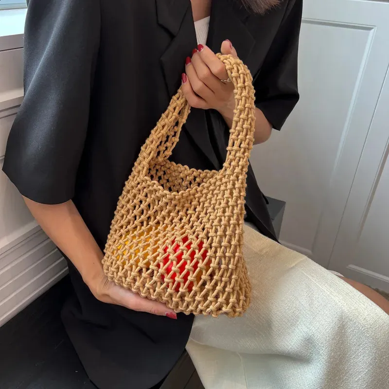 Lässige gewebte Damen-Umhängetaschen, gestrickte Handtaschen, große Kapazität, Shopper-Tasche, weibliche Strand-/Reise-Geldbörsen aus Baumwolle 240826_voghion.com