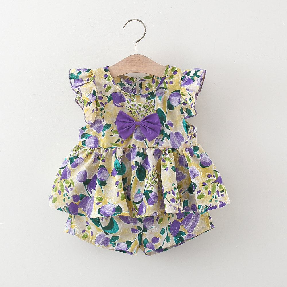 Infant Girl Clothes Set Flower Printed Bow Top+Cotton Shorts Summer Comfortable Kids Clothes_voghion.com