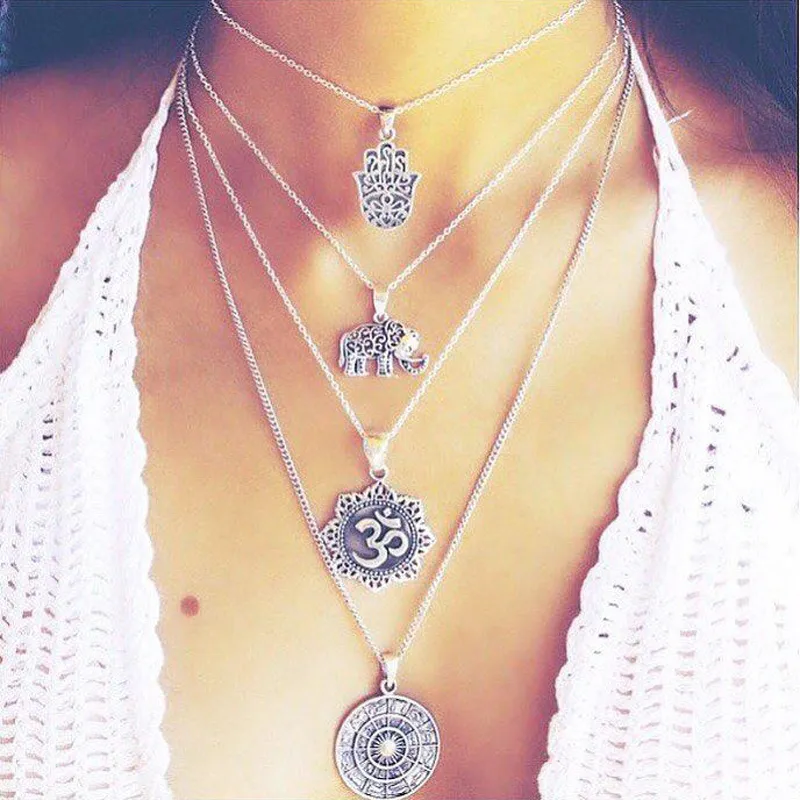 Collane con ciondolo Boho Antique Sier Color Elephant Leaf Whale Tail Choker Collana multistrato Collare per donna Gioielli_voghion.com