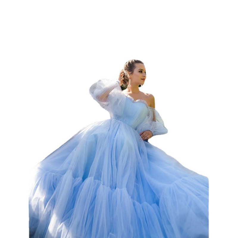 Women's line shoulder gauze long wedding dress swing dress_voghion.com