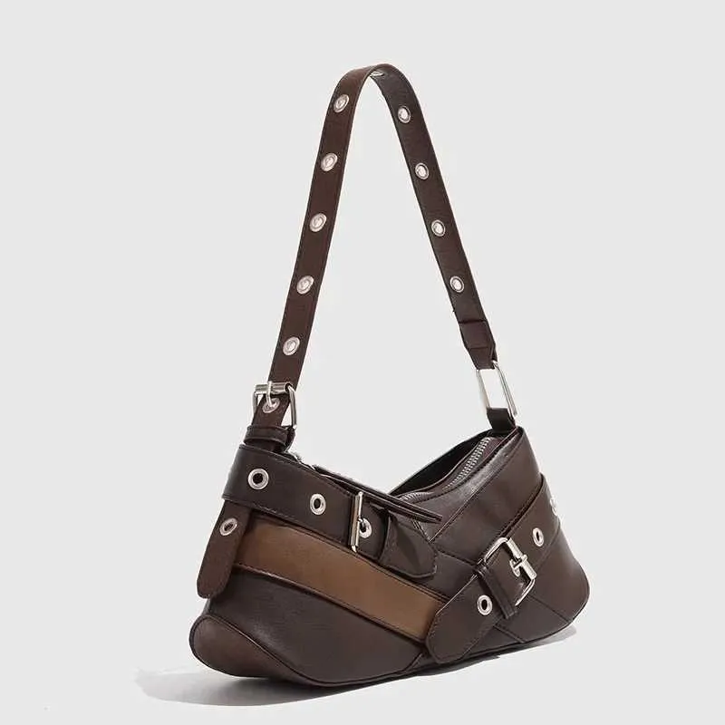 Retro belt decoration shoulder designer armrest punk motorcycle bag Pu leather womens handbag Y241216_voghion.com