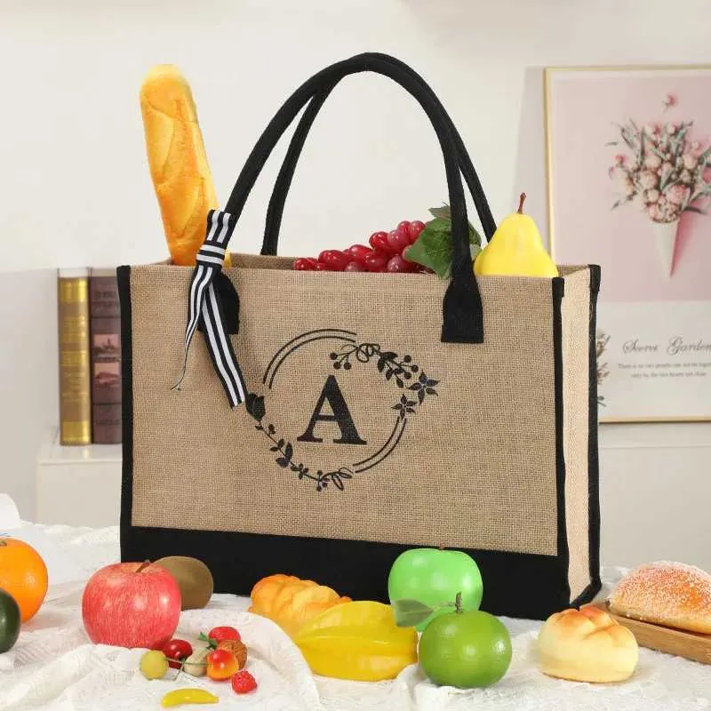 Heiße Selg-Damenhandtaschen mit großem Fassungsvermögen, bedruckt mit den Anfangsbuchstaben von Jute und EN-Einkaufsgeschenktüten C241116_voghion.com