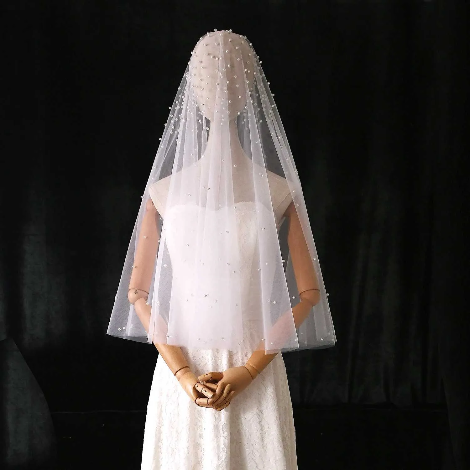 Haarschmuck V08 KEIN Kamm Schleier Perlen Perlen Brautschleier Bedecken Gesicht Kathedrale Länge Rohkante Schönheit Braut Hochzeit_voghion.com