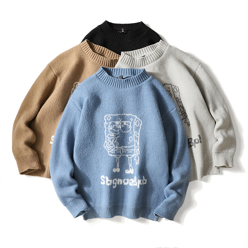 Sweater men's round neck autumn/winter 2022 new loose fitting youth knitted cartoon outerwear bottom sweater student top_voghion.com