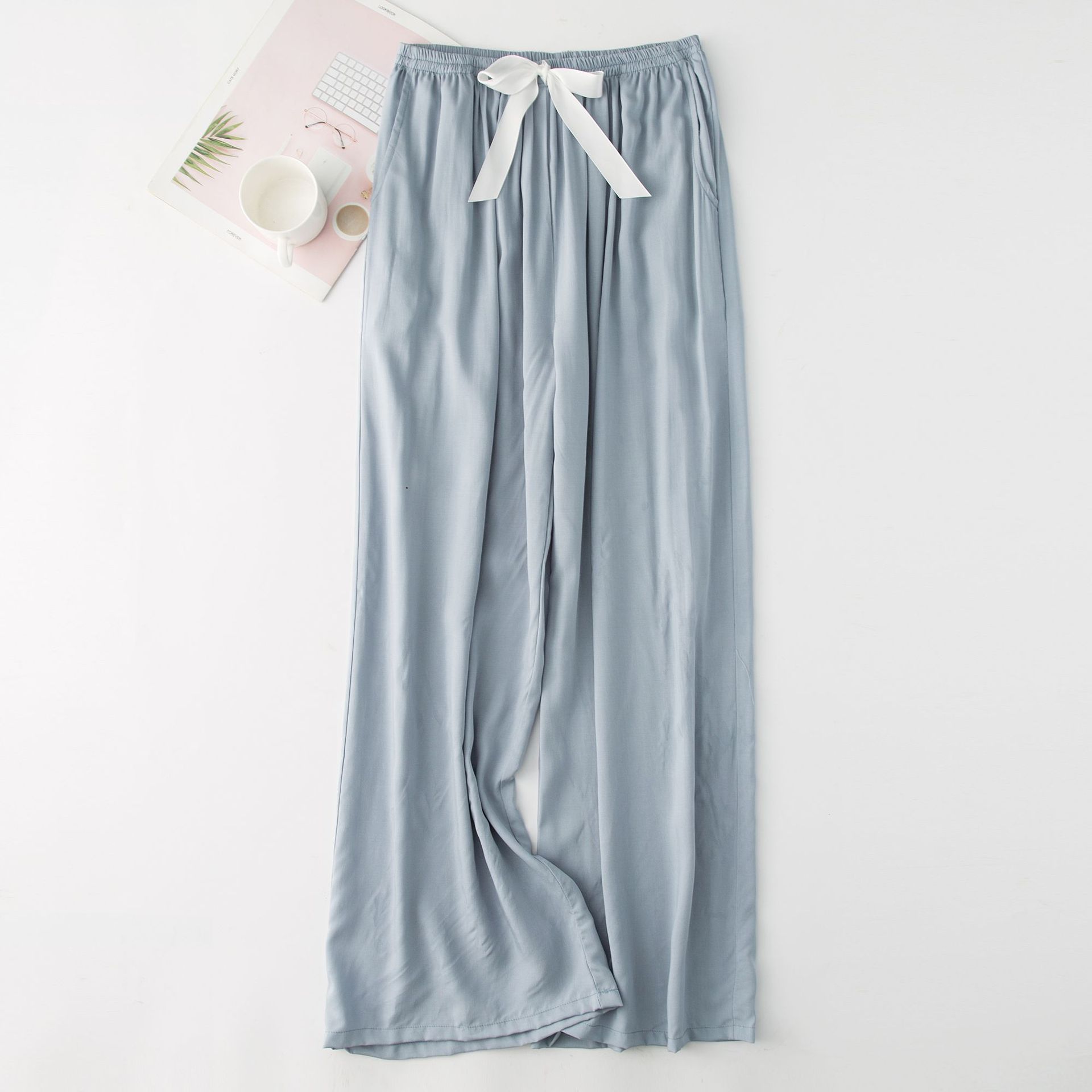 Pijamas de mujer Pantalones de pijama de seda de algodón para mujer Pantalones anchos de cintura alta de color liso con diseño de caramelo Pantalones finos_voghion.com