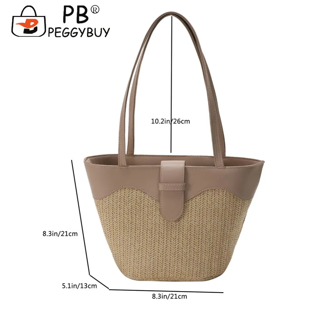 Borsa a tracolla da donna alla moda, grande capacità, in paglia, casual, con cerniera, con manico superiore, leggera e traspirante._voghion.com