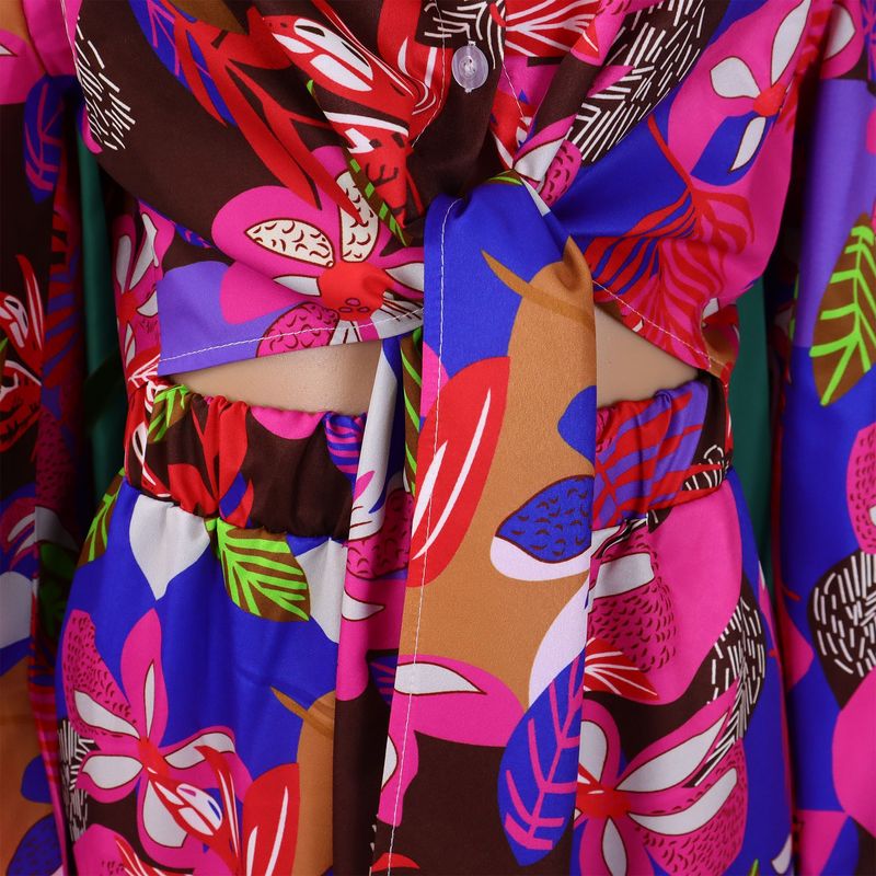 Women's Fashion Print Two-piece Lapel Tie Shirt Wide Leg Pants Suit_voghion.com
