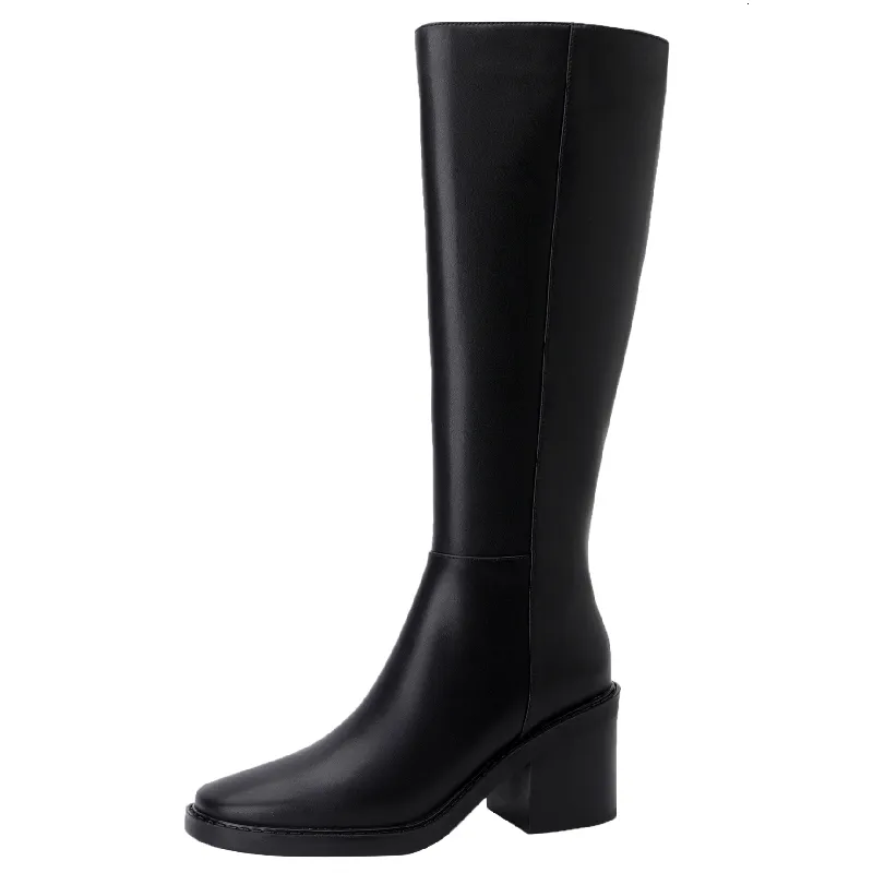 Genuine Leather Tall Women Thick Heels Knee High Boots Autumn Winter Warm Ladies Long Shoes Black Elegant Designer_voghion.com