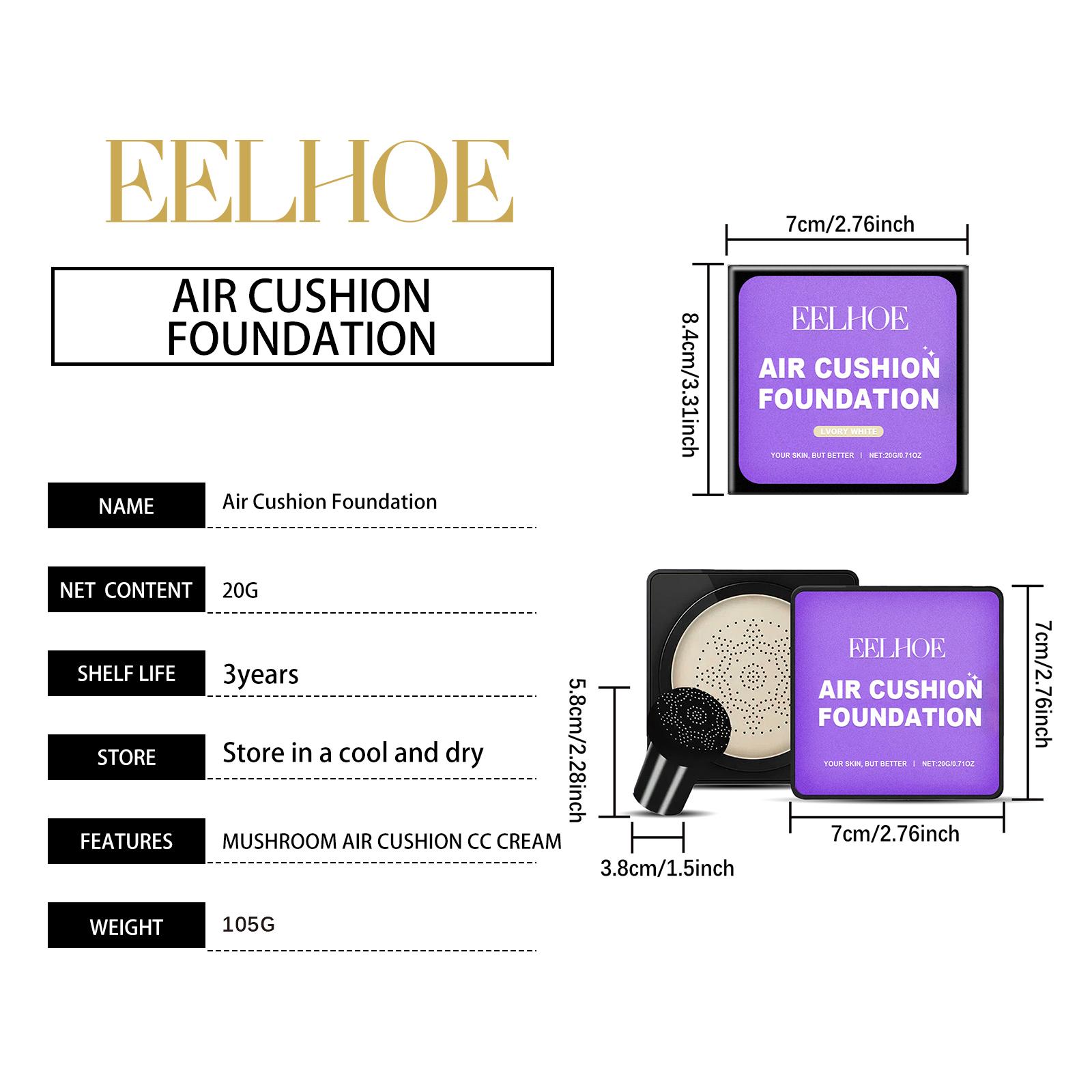 EELHOE Mushroom Cushion Foundation Hydratační plné krytí Nekomedogenní Lehká přírodní úprava Snadná aplikace_voghion.com