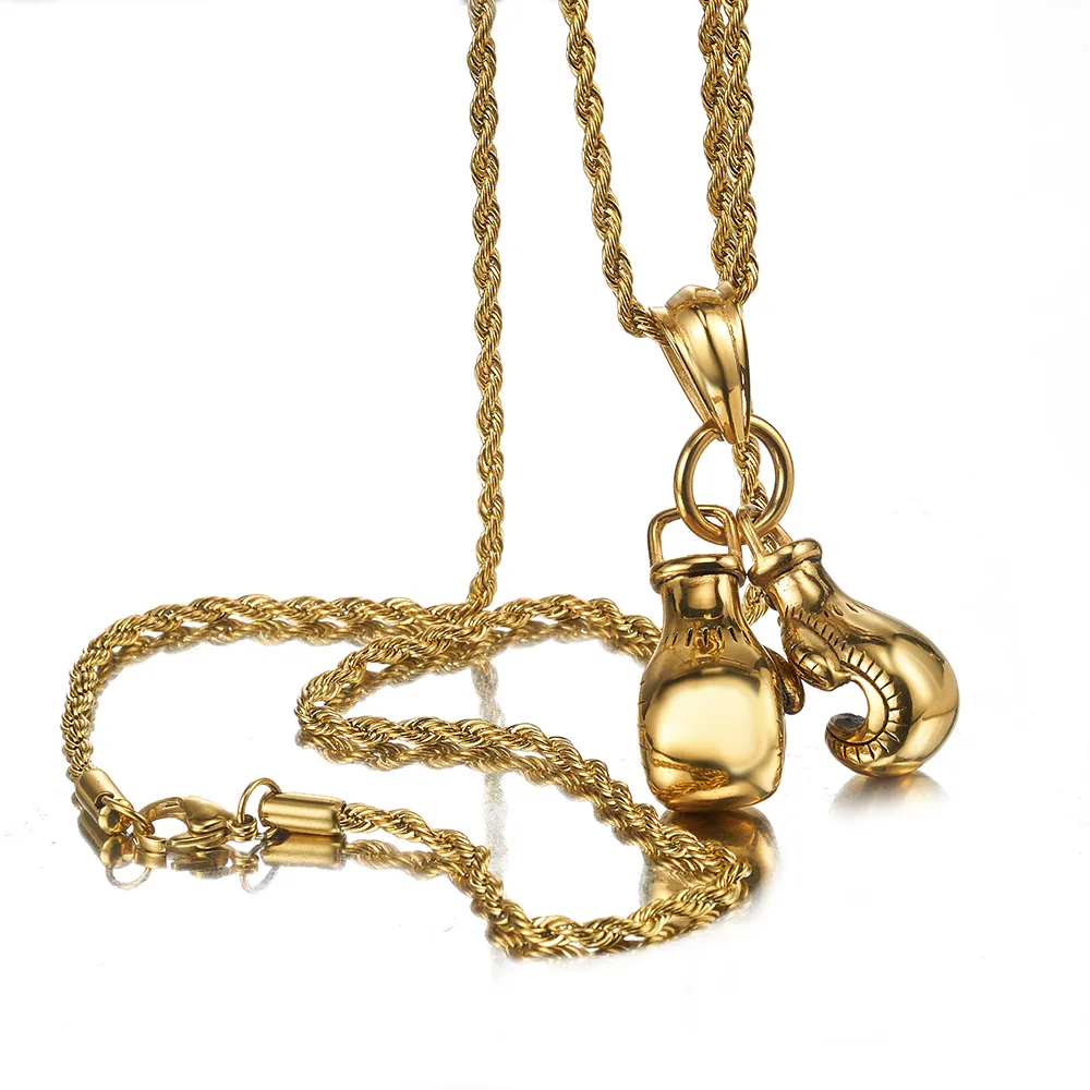 Colliers pendentifs Collier pour homme 23 15 mm Chaînes en acier inoxydable couleur or Paire de breloques de gant de boxe Sport tendance Fiess_voghion.com