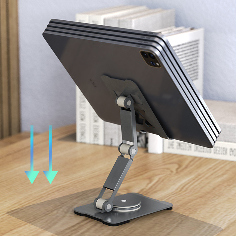 Supporto per telefono cellulare da tavolo in metallo, rotazione a 360 gradi, supporto per piattaforma di sollevamento pieghevole a doppio asse regolabile, supporto per iPad_voghion.com