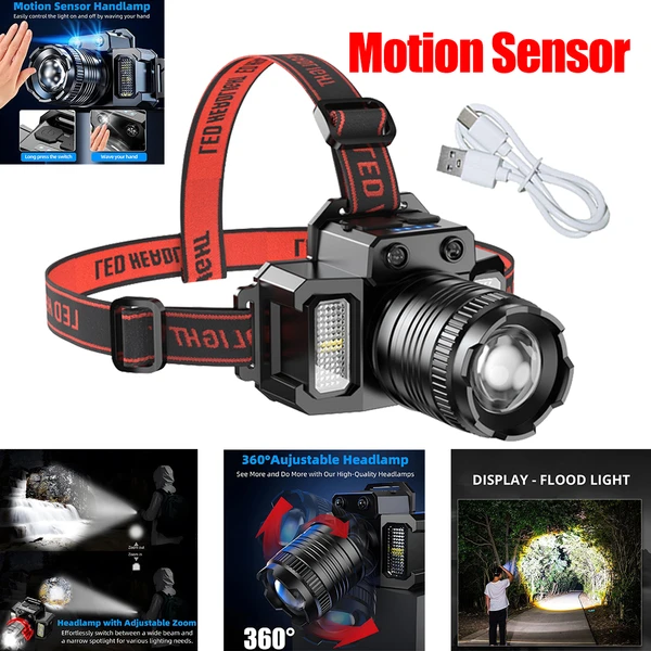 LED-Stirnlampe Superhell 60000 Lm USB wiederaufladbar mit Bewegungssensor_voghion.com