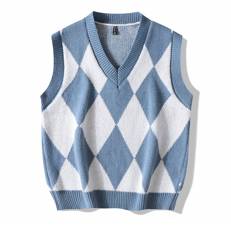 Canotta autunno e inverno nuovo gilet da uomo con scollo a V ispessito senza maniche, canotta con griglia a rombi, colore a contrasto_voghion.com
