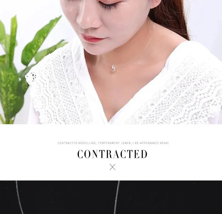 Invisible Crystal Pendant Necklace Simple Teardrop Chain For Women_voghion.com