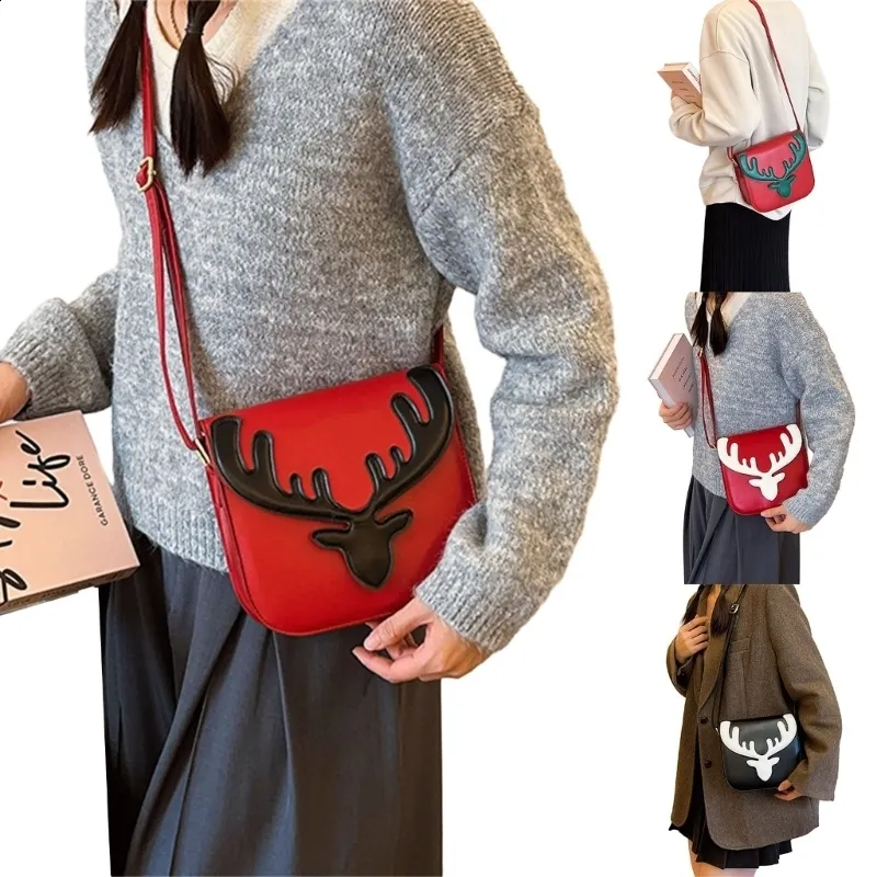 Bolsa de ombro feminina pequena de PU com estampa de alce natalino da moda, bolsa transversal para celular, casual para meninas, mensageiro, tudo combinando_voghion.com