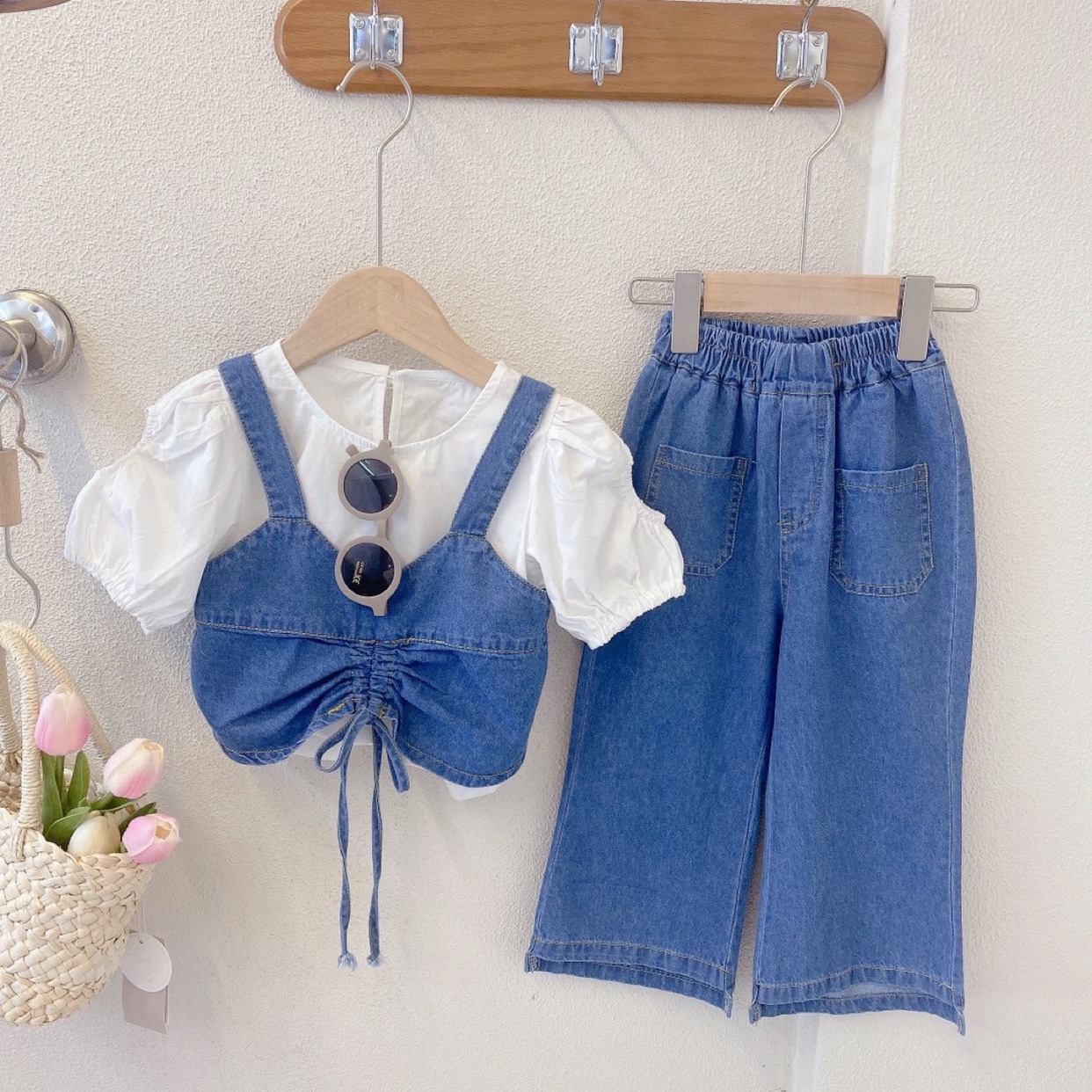 Ancorelala kinder kleidung sommer neue mädchen denim hemd mit hosenträger breite bein hosen drei stück set_voghion.com