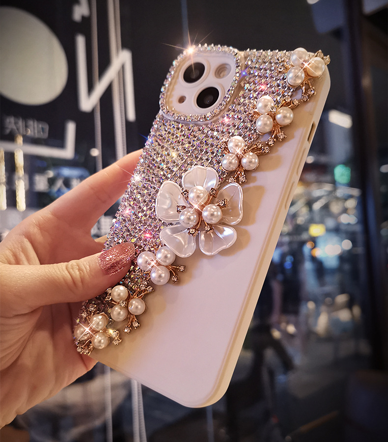 Suitable for 14/15 with diamond phone case iPhone 12/13 Pro Shell Pearl Flower Full Pack Silicone 11 Women's 8_voghion.com