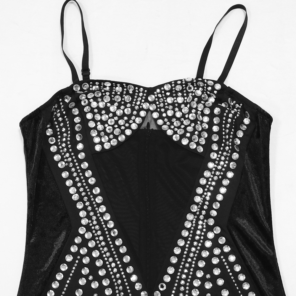 Damenbekleidung, sexy, heißes, durchsichtiges, hüftbedeckendes, ärmelloses Strapskleid aus Diamant-Samt-Spleißnetz für Damen_voghion.com