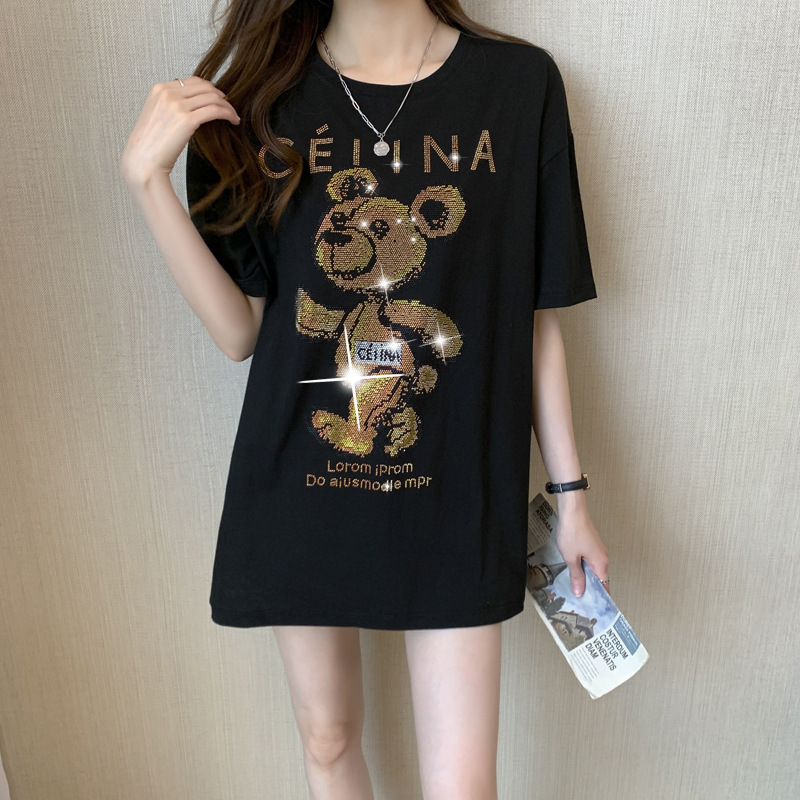 T-shirt estiva a maniche corte nera Bear Hot Diamond da donna in cotone pettinato, versione ampia di media lunghezza_voghion.com