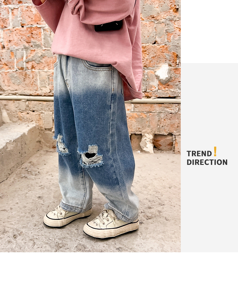 Jeans déchirés pour mères et enfants, pantalons à jambes larges et droites progressives, pour garçons et filles, tendance de la mode_voghion.com