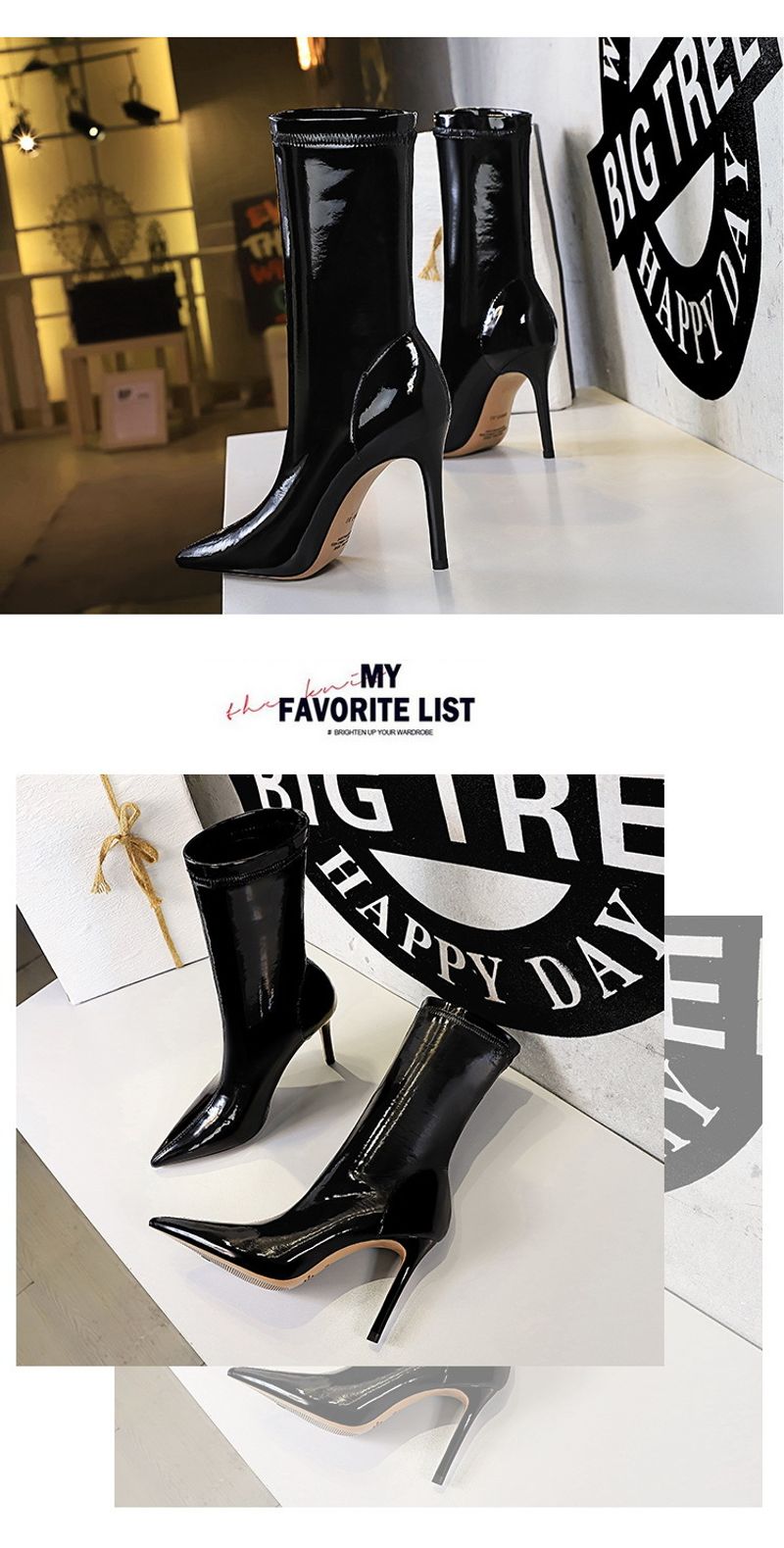 315 13 Fashion Sexy Nightclub Shiny Lacquer Leather Elastic Show Thin Pointed Short Winter Slim Boots_voghion.com