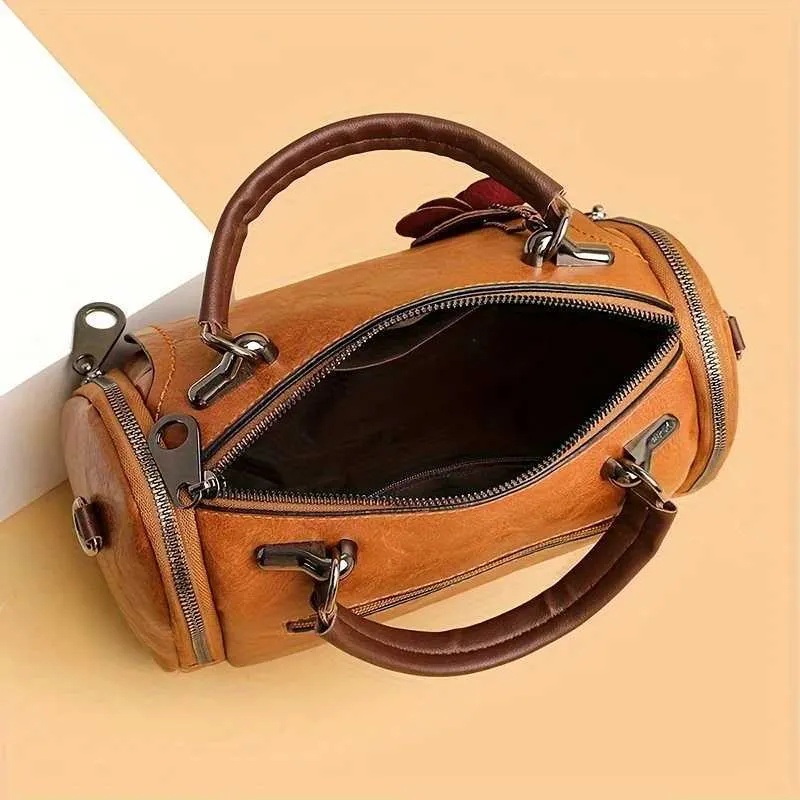 Große Vintage-Handtasche Boston aus einfarbigem PU mit Reißverschluss und Anhänger – perfekt für den gelegentlichen Gebrauch C241217_voghion.com
