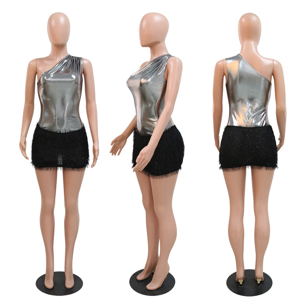 Women's Clothing New Product Fashion Sexy Slim Fit Hip Covering Bright Leather Knitted Wool One Shoulder Short Skirt_voghion.com