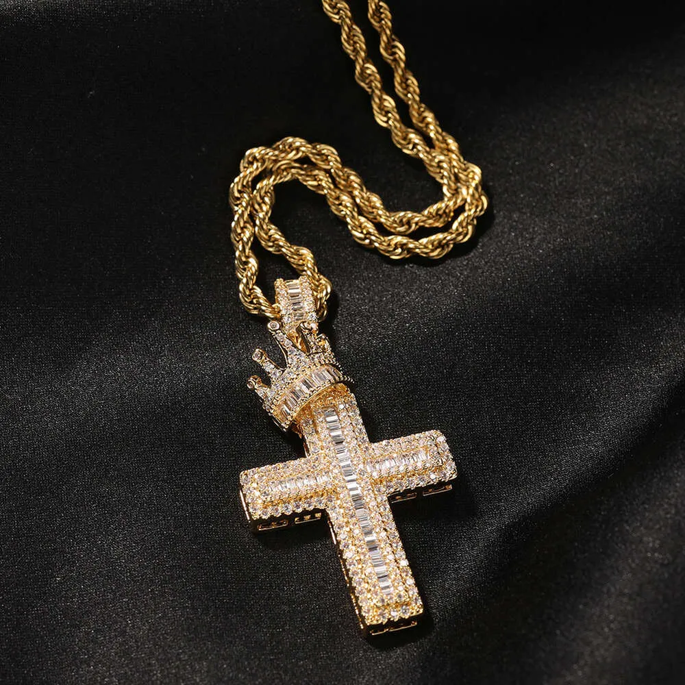 Krone kors anheng halskjede menn Hip Hop punk mote personlighet bred GRA moissanitt diamant gull sterling sier cubansk_voghion.com
