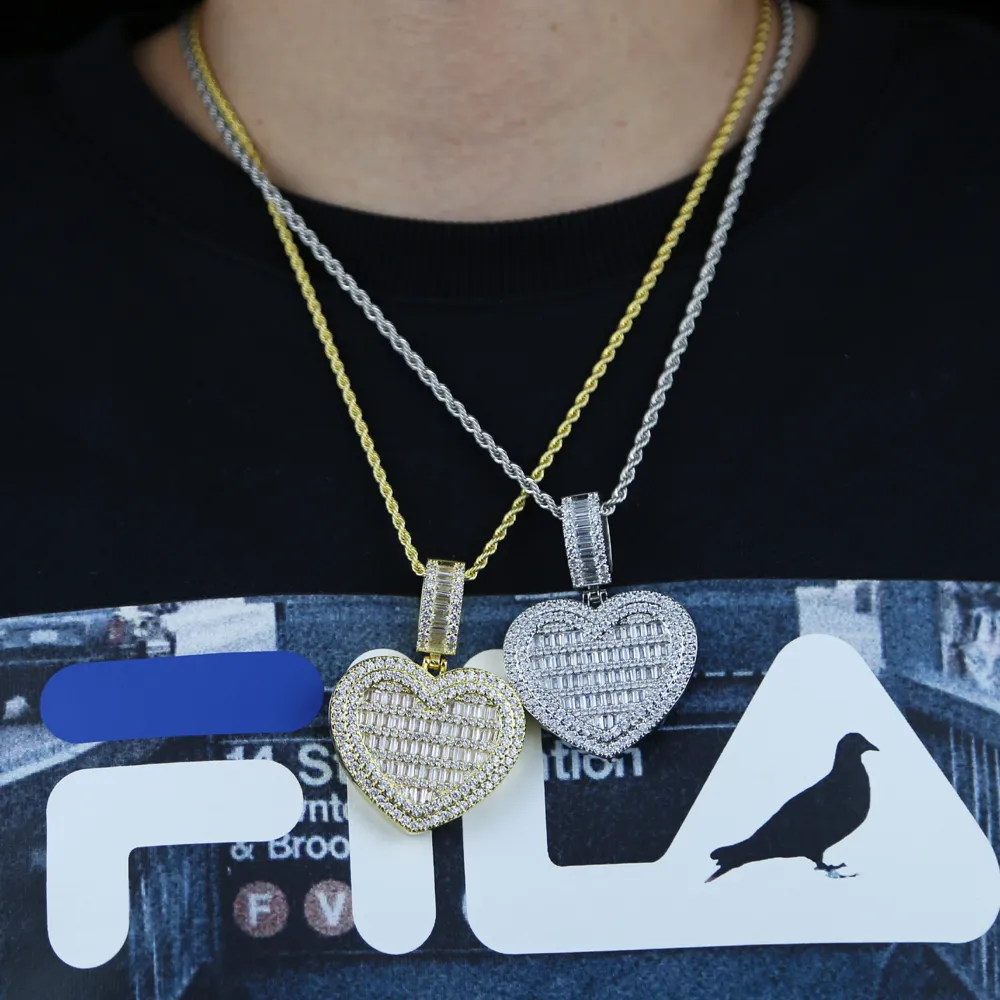 Chains Valentine's Day Gift Women Men Micro Paved 5A Cubic Zirconia Baguette Cz Big HipHop Full Iced Out Heart Pendant_voghion.com