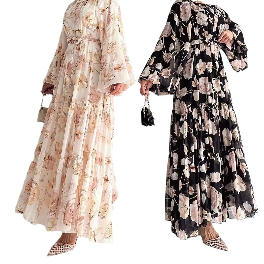 Women's Clothing Middle East Cross Border Muslim Women's Clothing New Chiffon Flower Print Long Fashion Elegant Dress