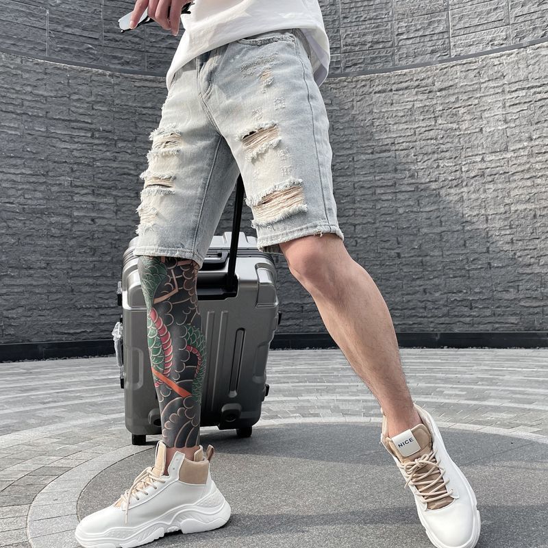 Men's Clothing 2024 Summer Ripped Denim Shorts Men's Social Guys Mid-Length Pants Internet Celebrity Fashion Brand Trendy Loose All-match Shorts