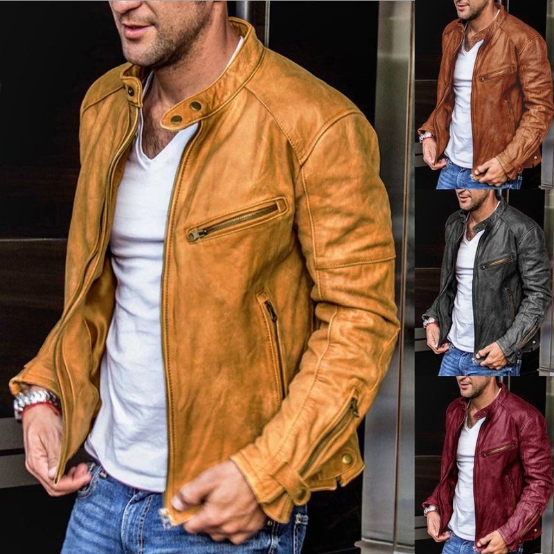 Men's clothing PU youth stand collar punk men's motorcycle leather jacket