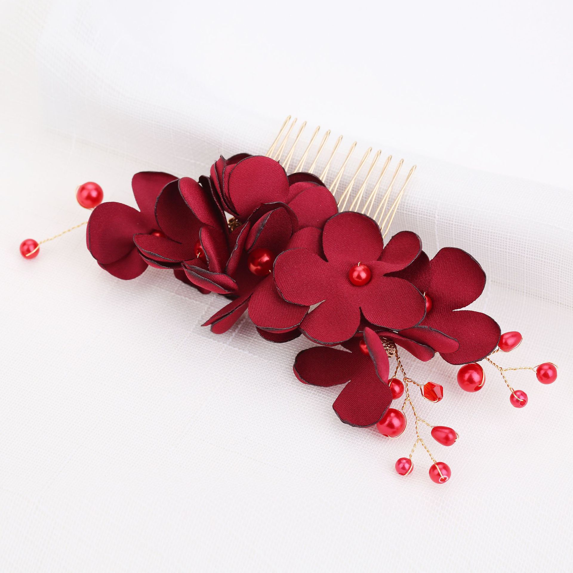 Pettine per capelli con perle in tessuto fiore rosso da sposa coreano accessori da sposa transfrontalieri copricapo accessori per capelli lotto pettine_voghion.com