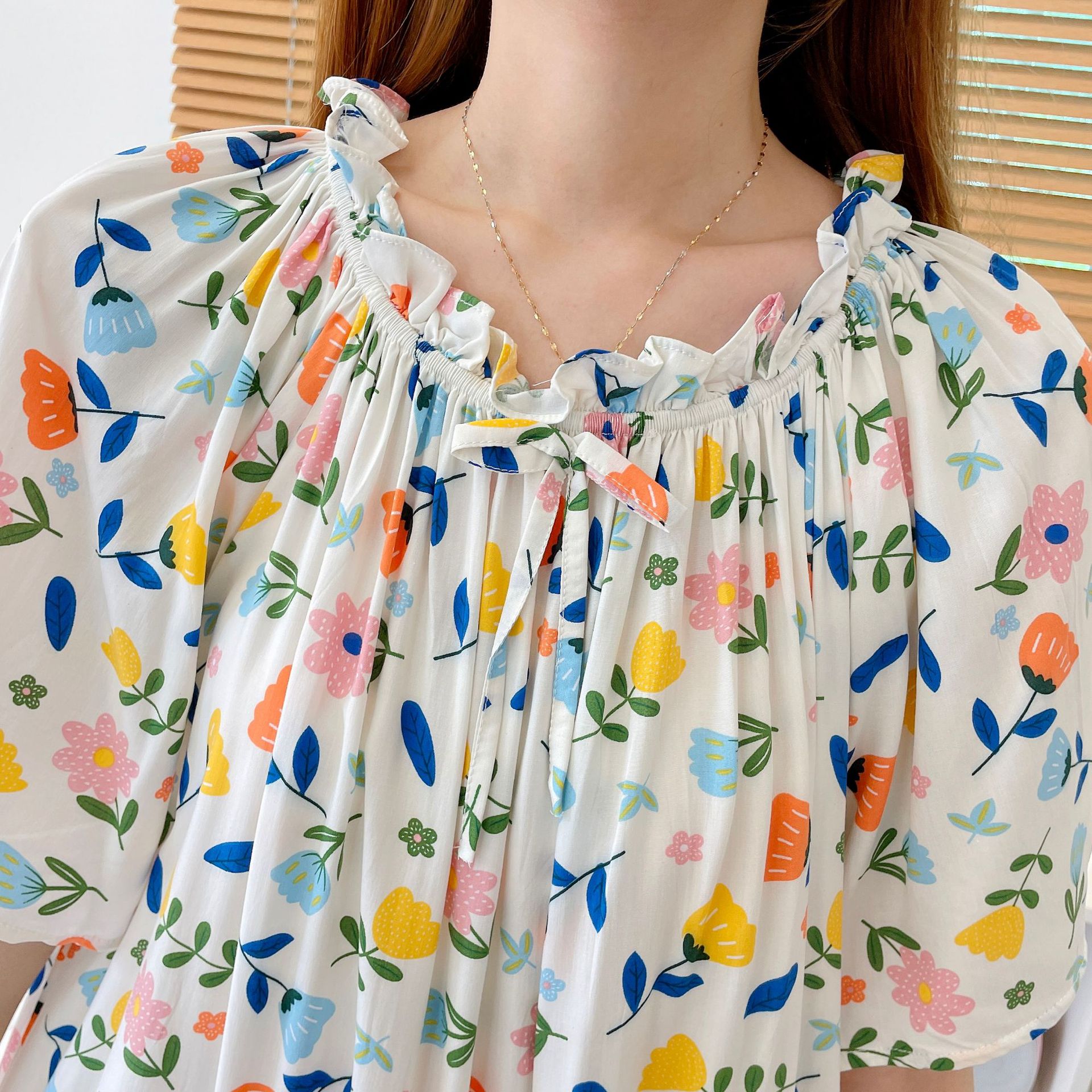 Pigiami da donna Abito sexy floreale piccolo in seta di cotone a maniche corte con scollo tondo elastico_voghion.com