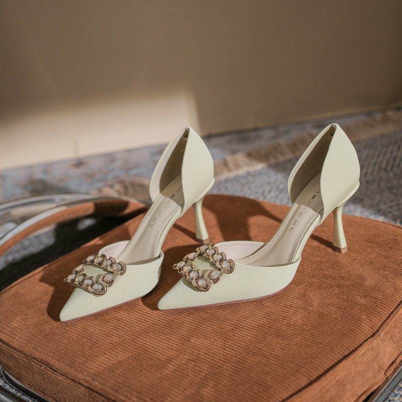 82308 Pointed Toe High Heels Women's Stiletto Heels 2024 Spring And Summer New Style Square Buckle Large Rhinestone French Hollow Shoes