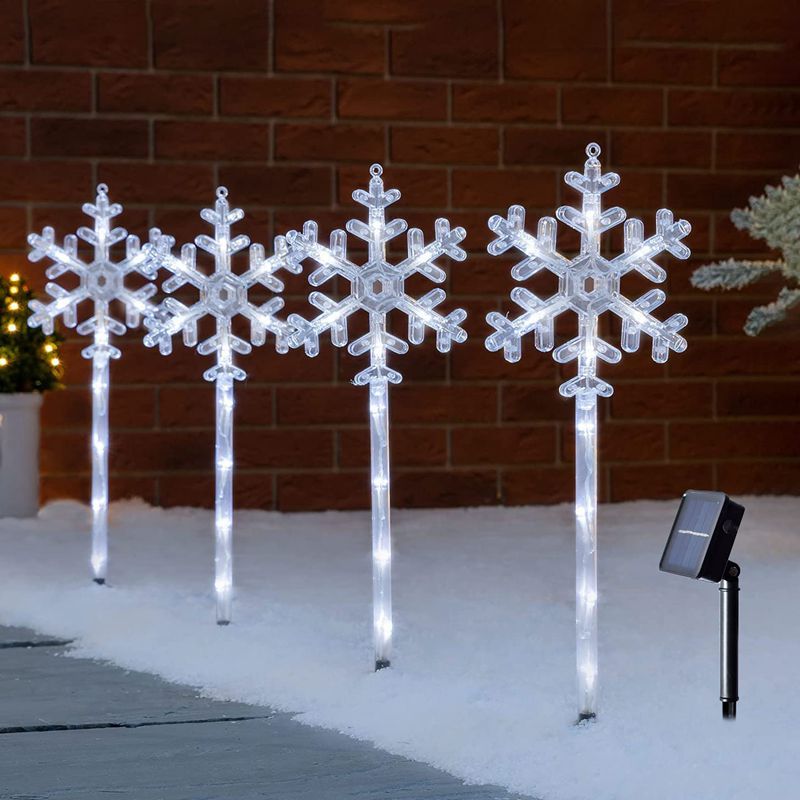 Weihnachts-Solar-Wegeleuchte für den Außenbereich, 4er-Pack, Solar-Schneeflocken-Pfahllicht, wasserdicht, für Wege, Hof, Rasen, Garten, Landschaftsdekor_voghion.com
