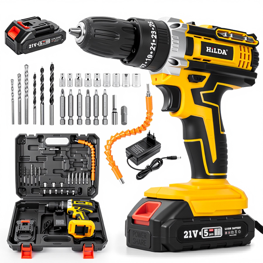 Hilda 21V Cordless Drill Driver With Lithium Battery, 1350 RPM, 25Nm Torque, 6 Variable Models (1/2 Batteries & Accessories Included)