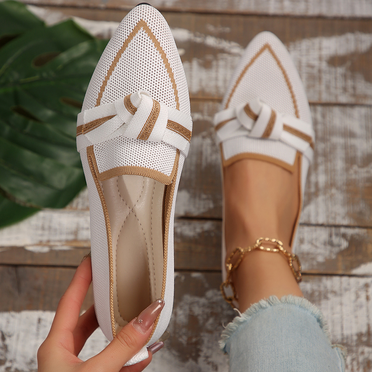 Chaussures pour femmes Chaussures plates à bout pointu et fines de grande taille pour femmes, mode, volant, tissé, à enfiler, nœud, décontractées, respirantes, couleur assortie, simples
