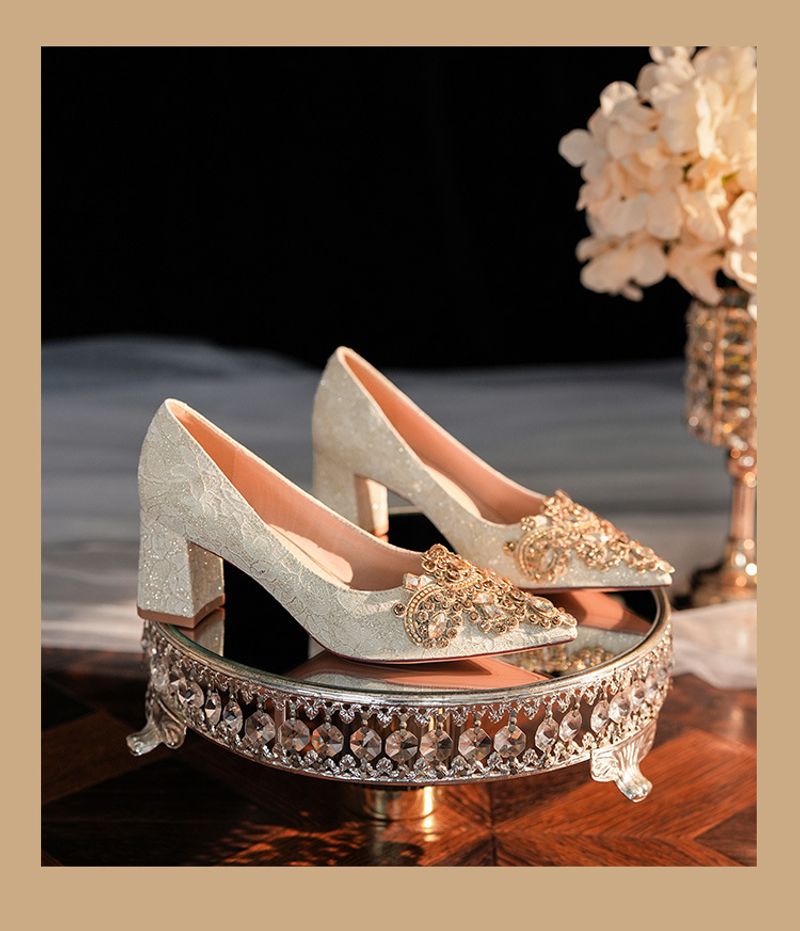 6555F-007 Dia Pointed Thick Women's High Heels Sequin Dress Red Wedding Bridal Single Shoes Goddess_voghion.com
