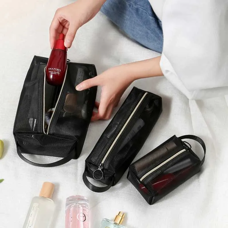 Nouveau petit sac de rangement de toilette de voyage portable en maille transparente noire pour cosmétiques Y241023_voghion.com