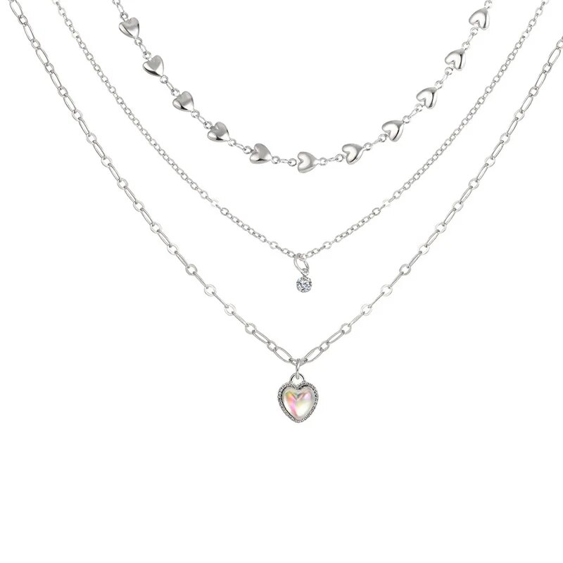 2024 Trendigt Hjärthänge Halsband Opal Metall Sier Färg Flerskiktad För Kvinnor Söt Elegant Y2K Smycken Festgåva_voghion.com