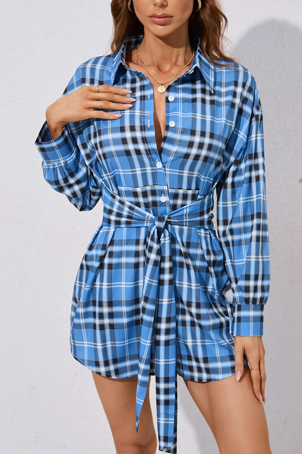 Abito monopetto a maniche lunghe a quadri da donna, autunno e inverno_voghion.com