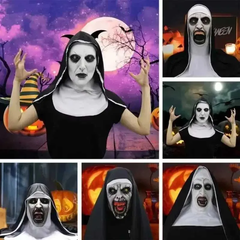 Läskig latexmask med korshalsband och huvudbonad Halloweenfest maskerad nunnadräkttillbehör Y240829_voghion.com
