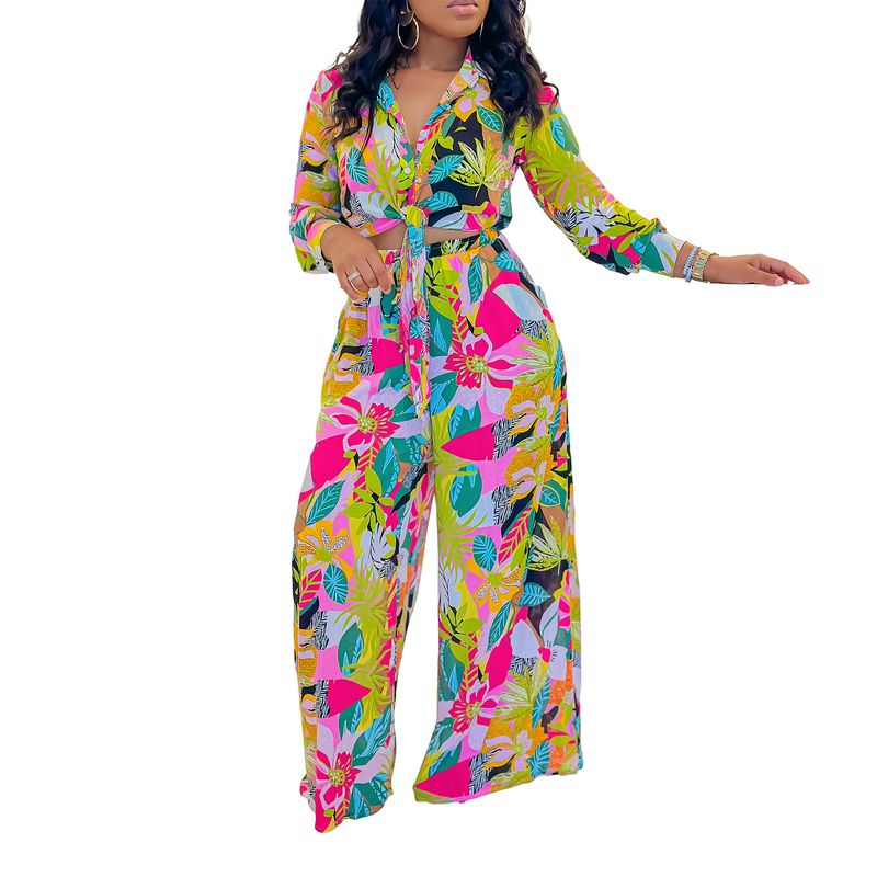 Women's Fashion Print Two-piece Lapel Tie Shirt Wide Leg Pants Suit_voghion.com